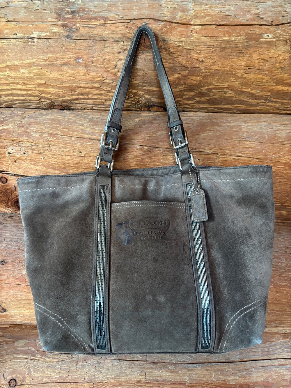 COACH Brown Suede Shoulder Tote with Metallic Beaded Trim